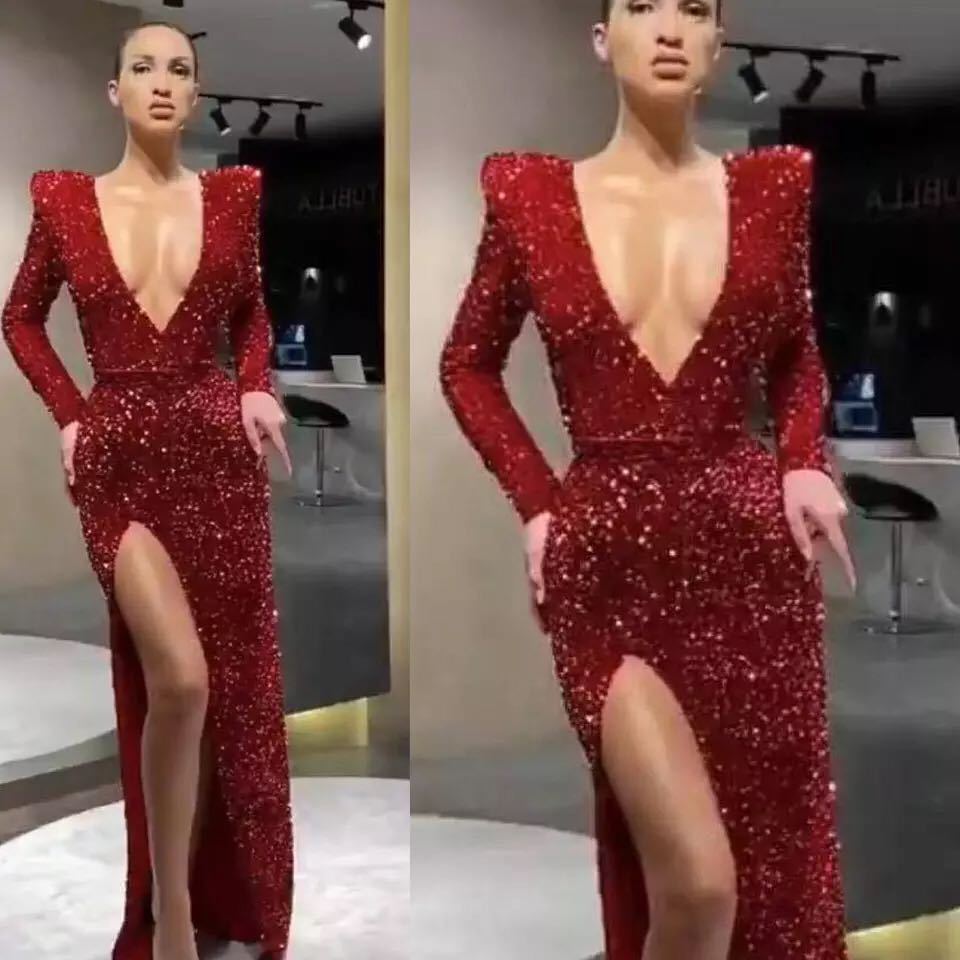 2024 cross-border amazon wish european and american women‘s sexy deep v long sleeve embroidered sequined dress split dress ins