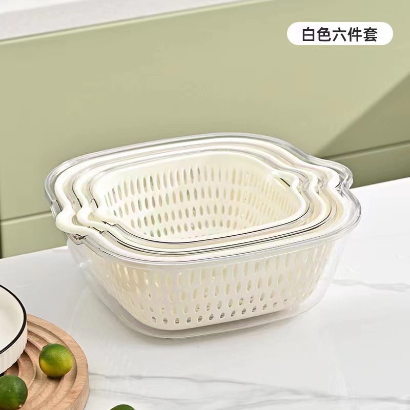 Double-Layer Vegetable Washing Basket Draining Basket Six-Piece Kitchen Living Room Home Washing Fruit Plate Simple Plastic Taobao Vegetable Basket