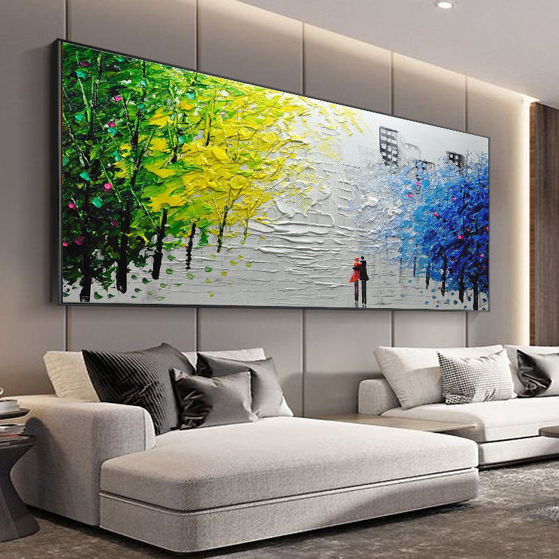 手绘油画现代客厅大幅沙发背景墙挂画城市漫步人物风景立体装饰画