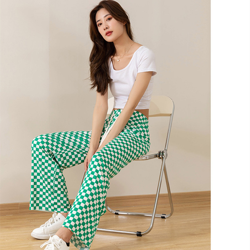 Plaid Cool Pants Summer Ice Silk Thread New Women's Loose Slimming Draping Effect Straight Mop Drawstring Casual Pants