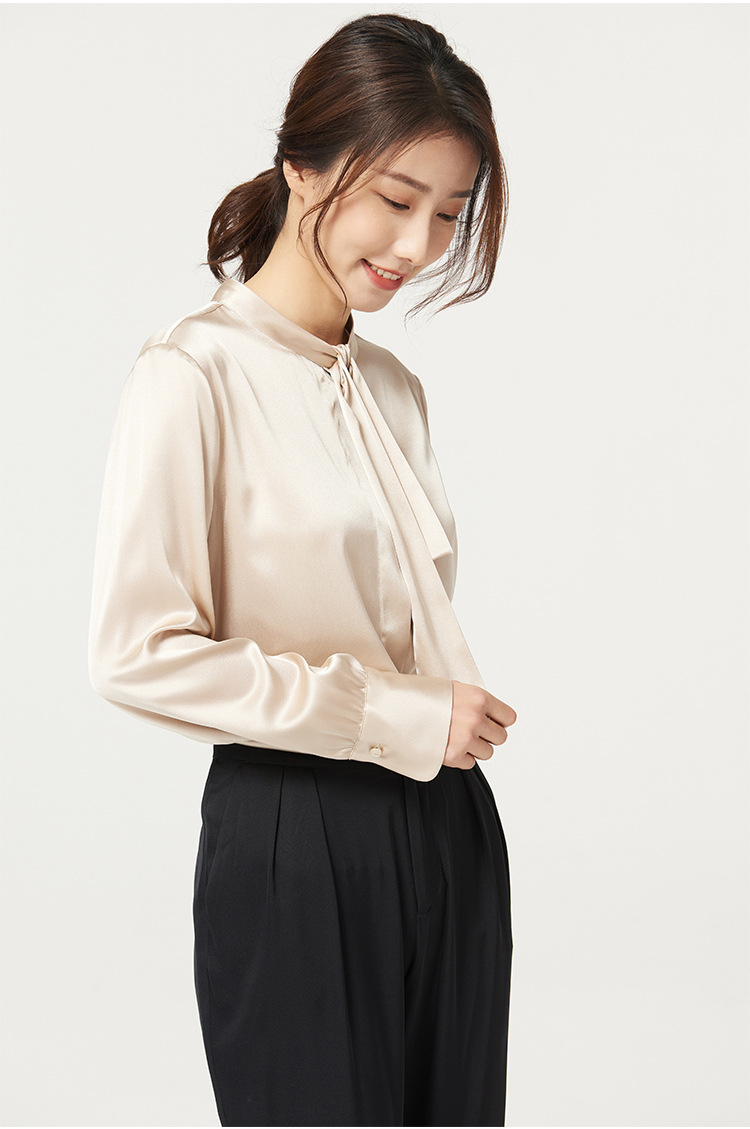 真丝衬衫女长袖桑蚕丝2021春季新款衬衣大码通勤缎面立领上衣飘带