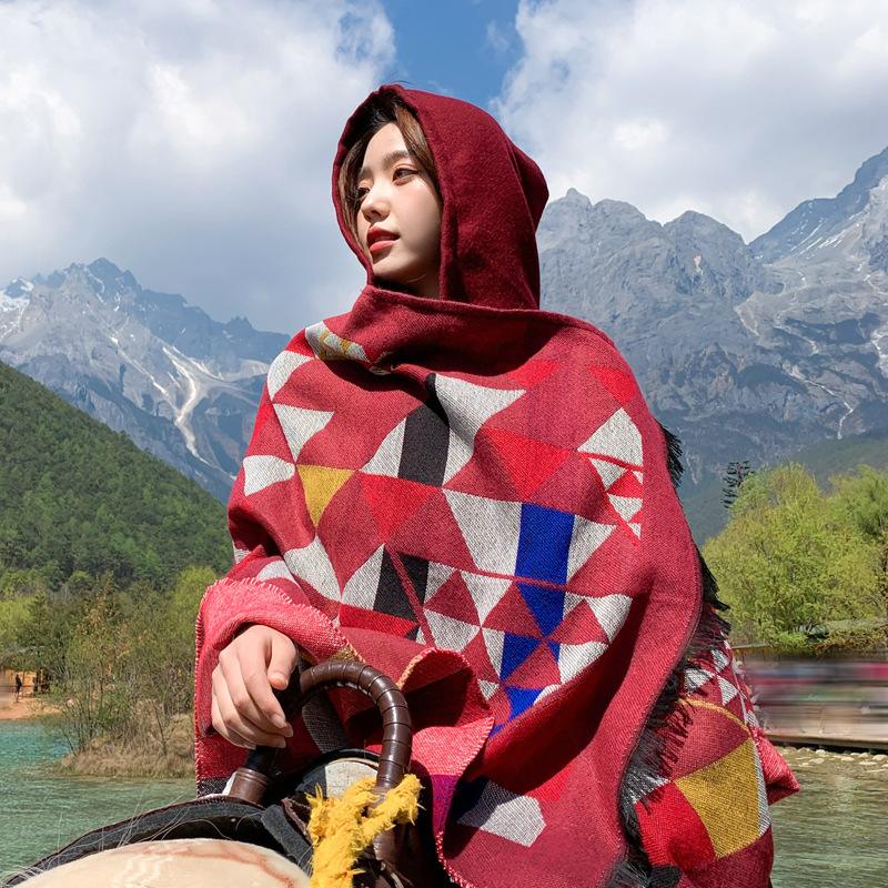 Travel Scarf Dual-Use Tassel Edge Ethnic Style Summer Air-Conditioned Room Hoodie Cloak Triangle Combination Cashmere Shawl