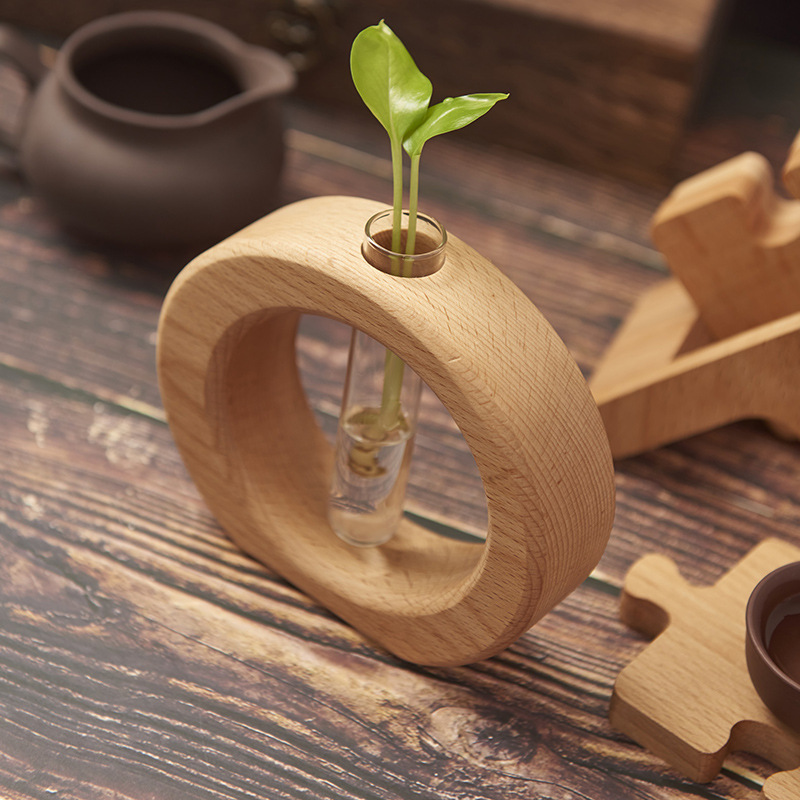 田园轻奢木质插花瓶桌面水培养植物试管底座客厅装饰清新玻璃摆件