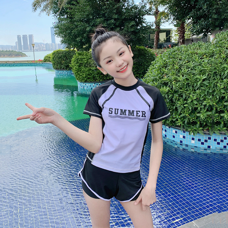 Children‘s Swimsuit Girls‘ Medium and Large Children‘s Polyester Hot Spring Swimsuit Korean Style Minimalism Split Two-Piece Suit Swimsuit Wholesale