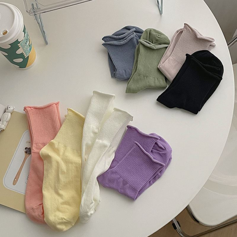 卷边纯色袜子女中筒袜日系少女糖果色堆堆袜ins吸湿排汗韩国长袜