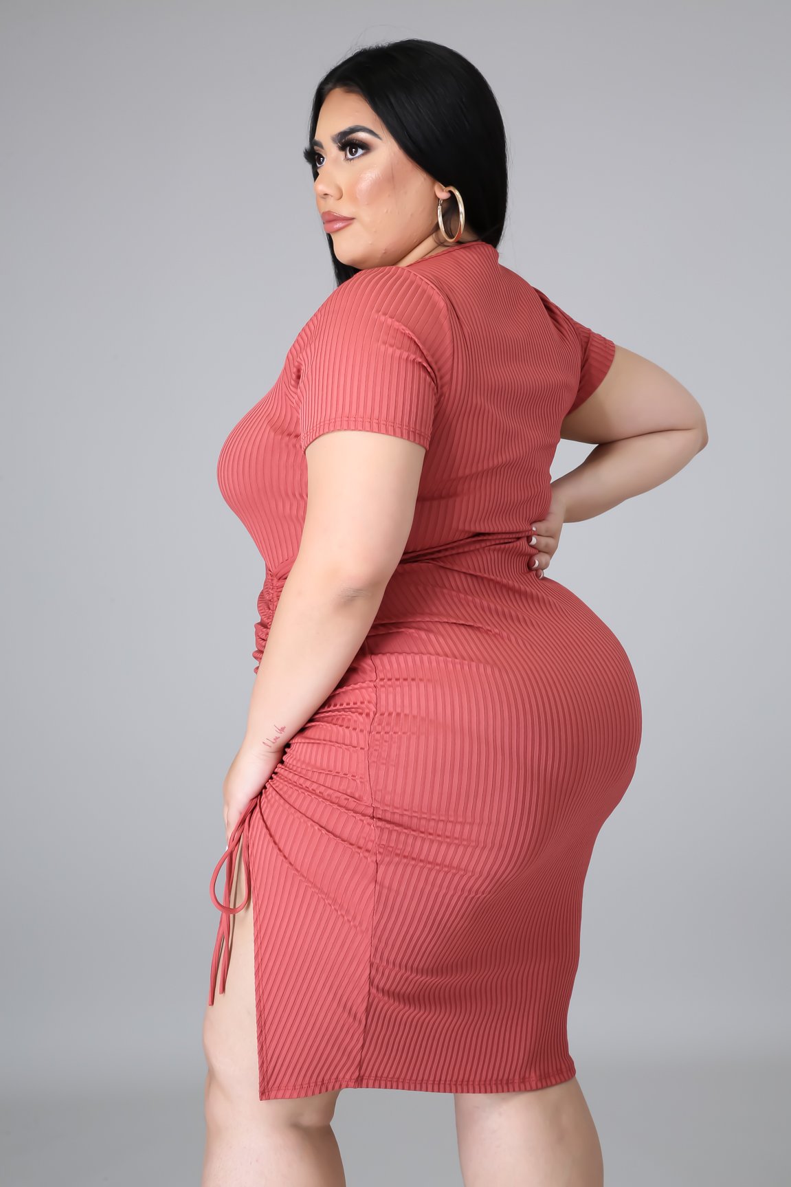 qj5288 欧美跨境肥婆加大码女装 针织坑条侧开口系带连衣裙 三色