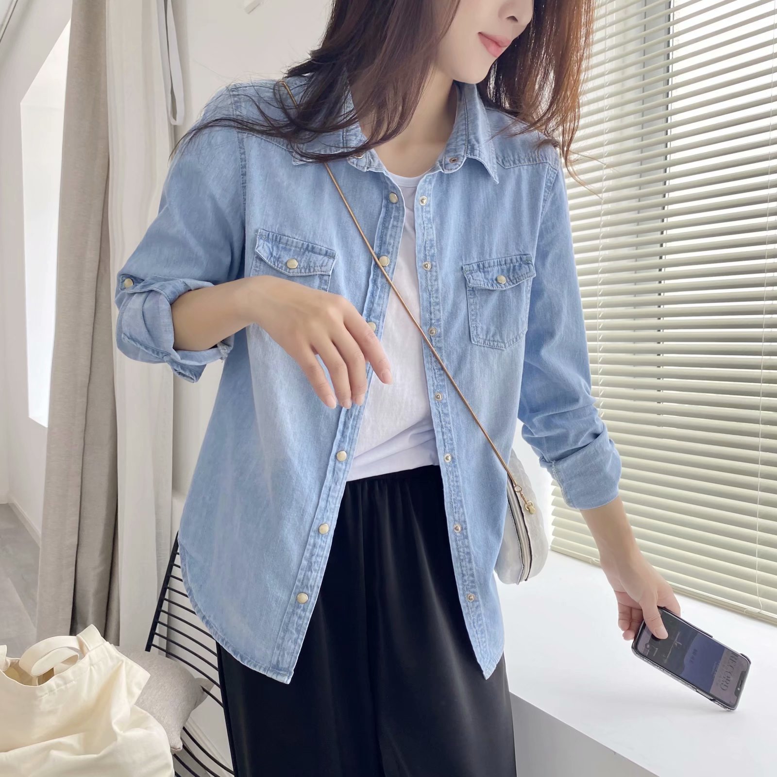 春秋季新款全棉牛仔衬衣女韩版薄外穿打底修身显瘦长袖上新款外套