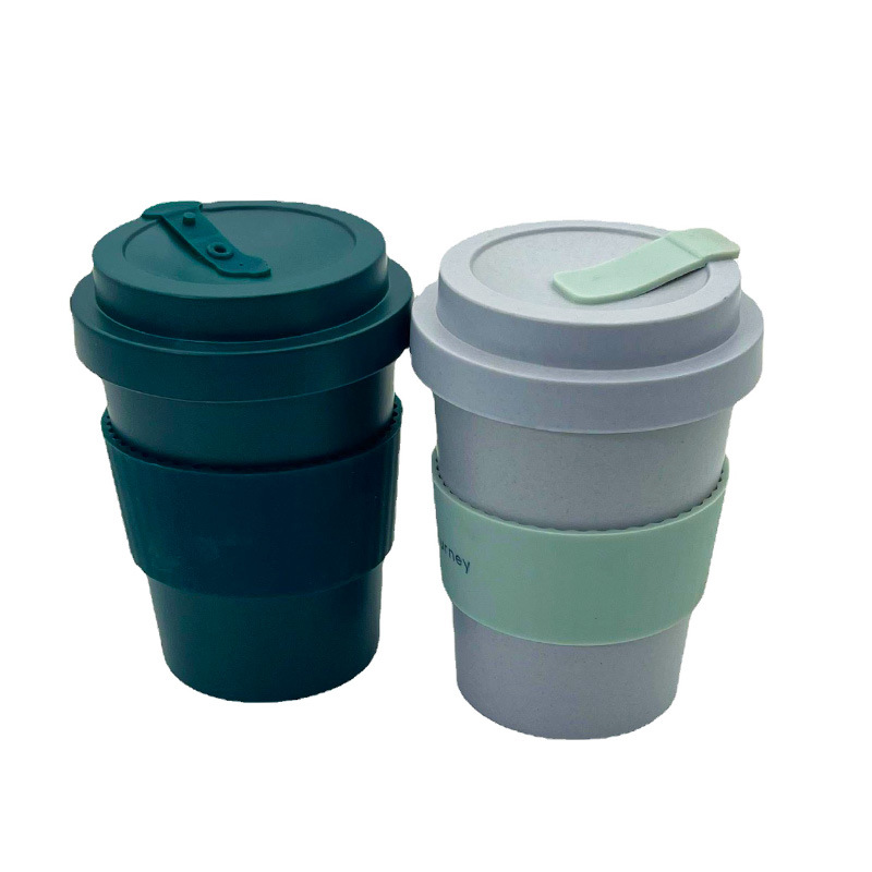 外贸可降解咖啡杯水杯350ml 简约纯色竹纤维杯盖配隔热垫奶茶杯