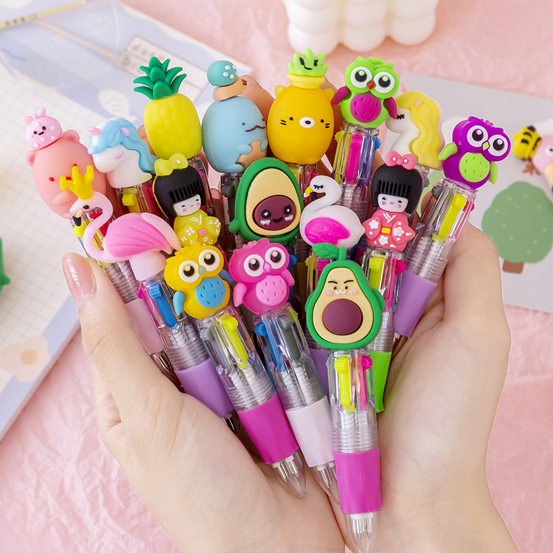 Korean Cute Cartoon Cute Object Head Four-Color Mini Color Ballpoint Pen Student Stationery Gifts Wholesale Prizes