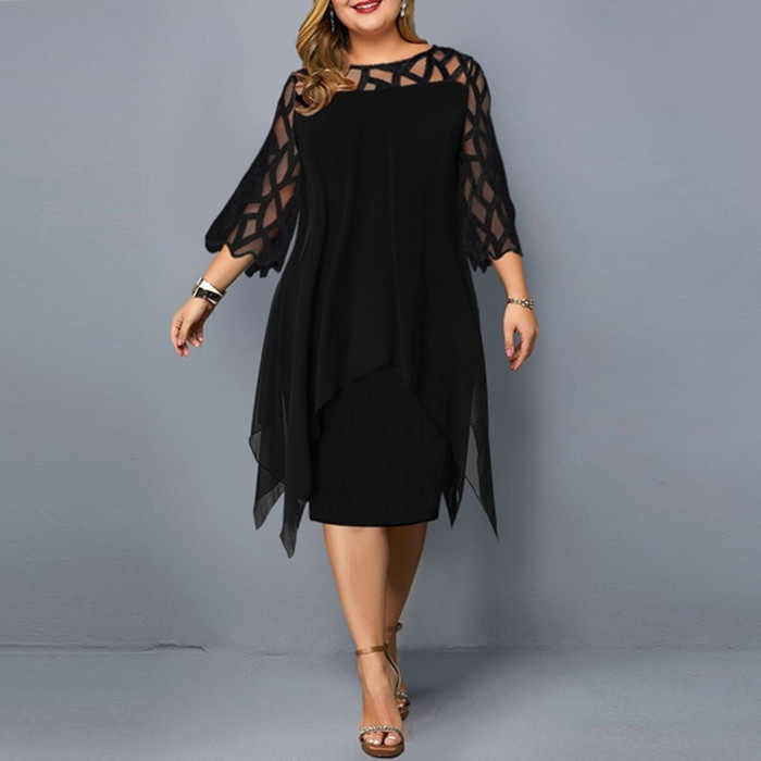 EBay Amazon AliExpress European and American Style Lace Stitching 3/4 Sleeve Irregular Hem Chiffon Dress in Stock