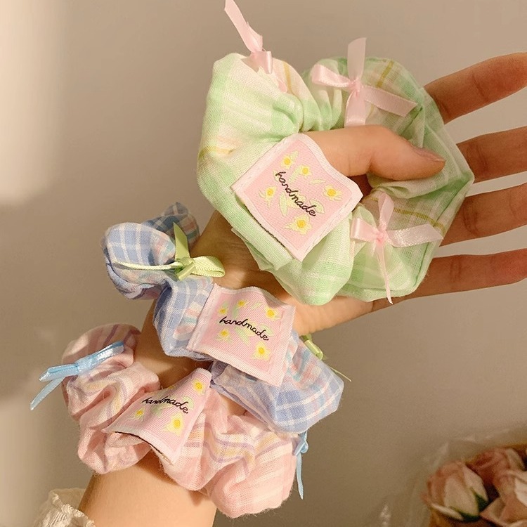 薄荷绿蝴蝶结格子大肠发圈头饰女韩系温柔大号发绳头绳高级感发饰