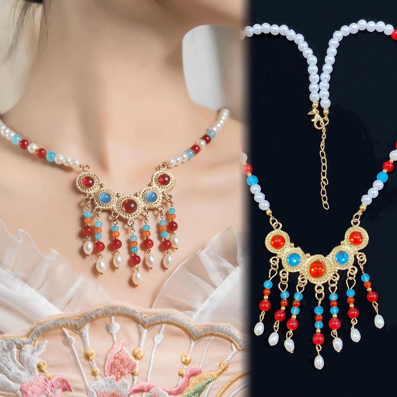 汉服配饰璎珞古典旗袍珍珠流苏吊坠项链坦领项圈古风颈链眉心坠女