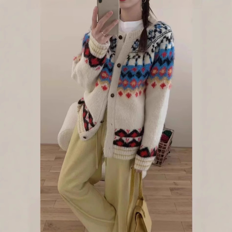 复古费尔岛加厚撞色毛衣外套女韩版秋冬新款宽松百搭显瘦针织开衫