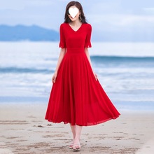红色裙子2024女夏新款小个子长款大摆雪纺连衣裙超仙气质沙滩长裙