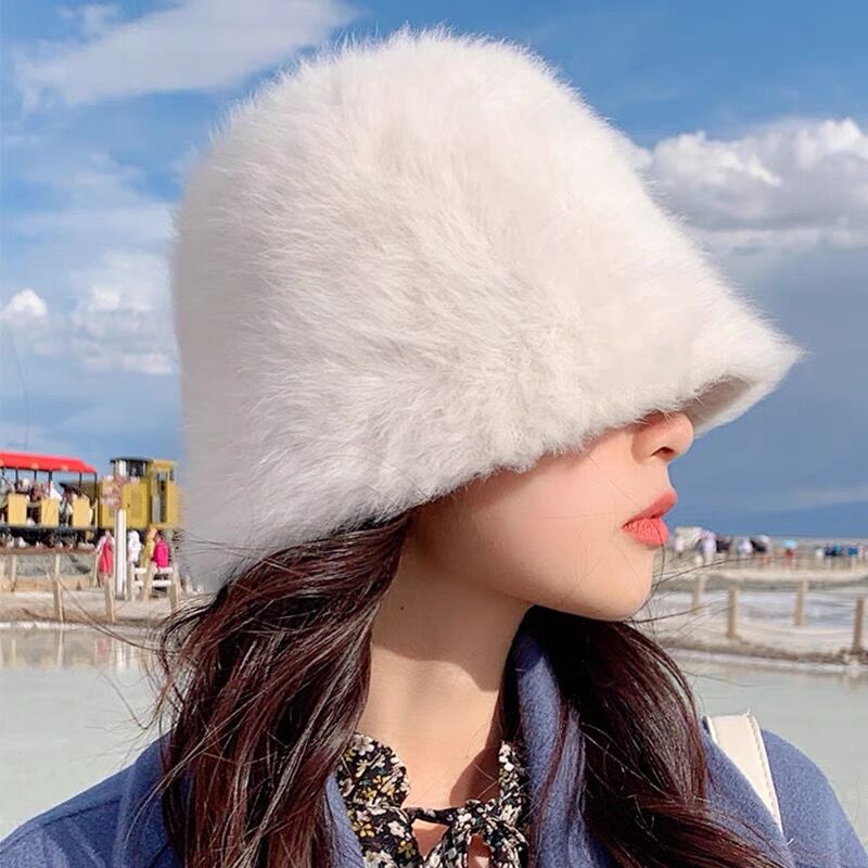 Rabbit Fur Hat Women's Autumn and Winter Versatile Fashion Bucket Hat Large Size Big Head Circumference Face-Looking Small Plush Fisherman Hat Basin Hat