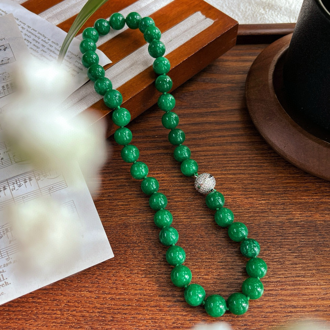 10mm小众复古绿深绿仿真干青翡翠色圆珠项链 新中式旗袍气质女