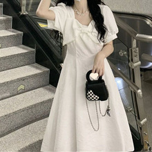法式甜美白色蝴蝶结方领绑带收腰显瘦连衣裙女学生夏季韩版中长裙