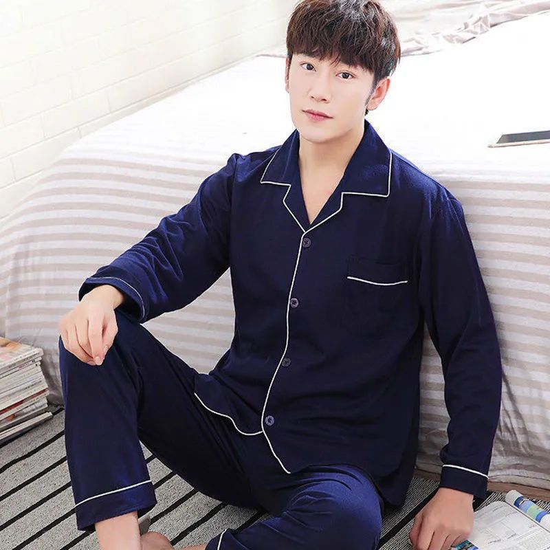 Men's Pajamas Long Sleeve Spring and Autumn Pajamas Men's Spring and Summer Thin Home Wear Youth Middle-Aged Pajamas a Set of Men's Solid Color Cotton