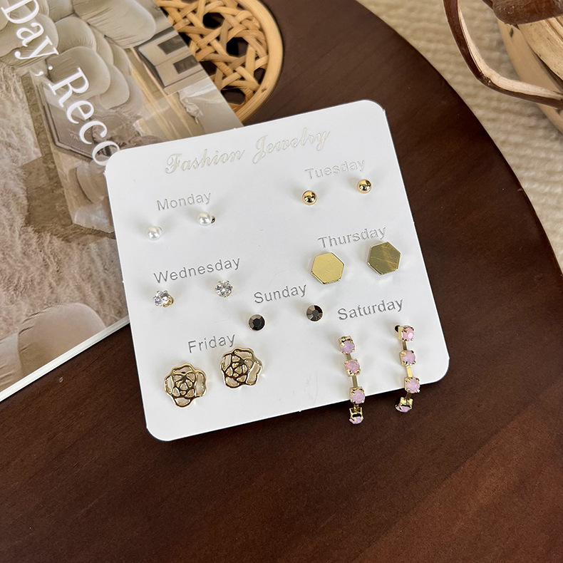 Popular Week Earrings Set Simple All-Match Week Earrings Combination Ornament Korean Fashion Small Girls Earrings