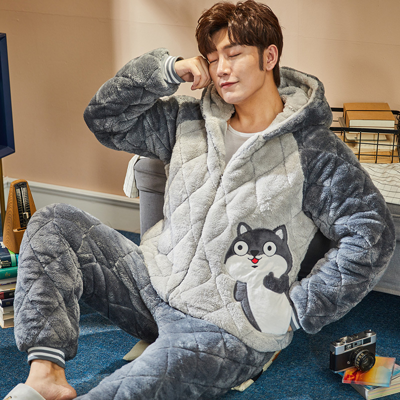 青中年男士睡衣冬季加绒加厚法兰绒三层夹棉保暖家居服套装-阿里巴巴