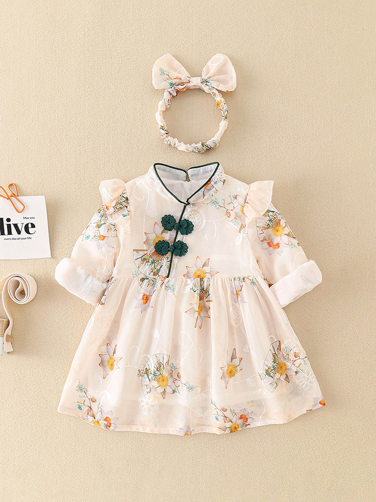 Mingclimbing Baby Clothes Spring Jumpsuit Female Baby Chinese Style Spring and Autumn Class a Sheath Skirt One-Piece Delivery