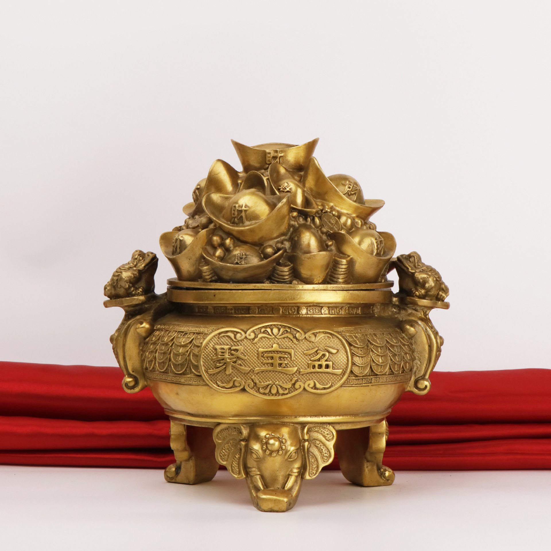 杨铜记 纯铜聚宝盆 开盖元宝聚宝盆金蟾如意聚宝盆铜摆件厂家批发