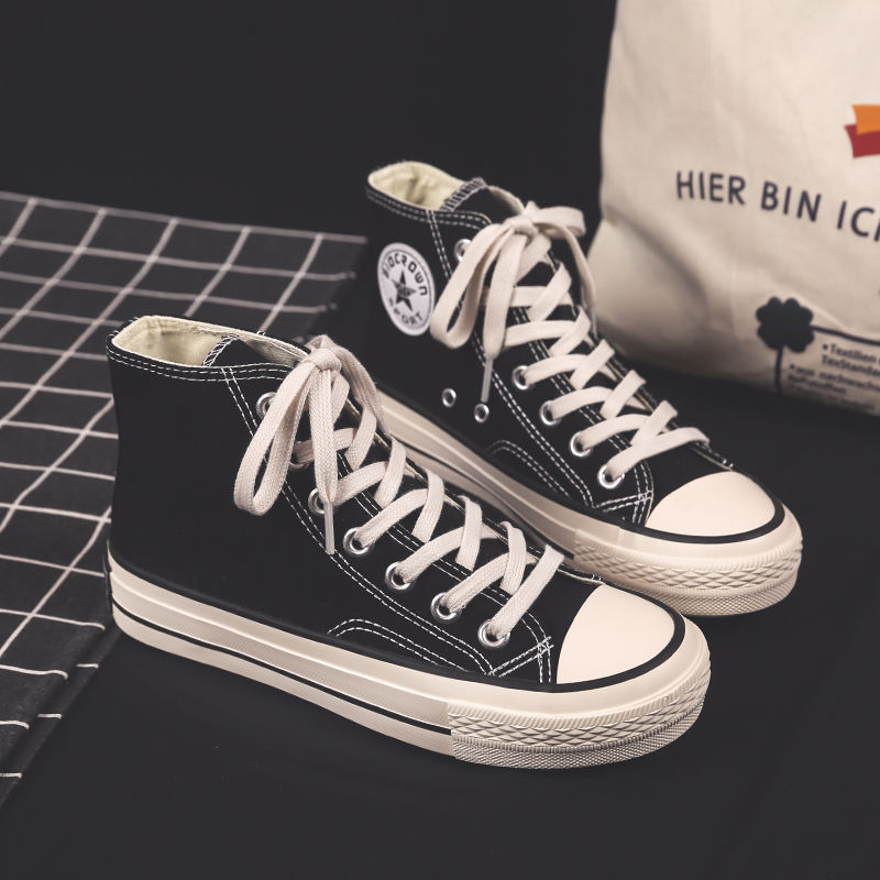 黑色高帮帆布鞋女2023新款复古港味百搭学生韩版原宿ins板鞋-阿里巴巴