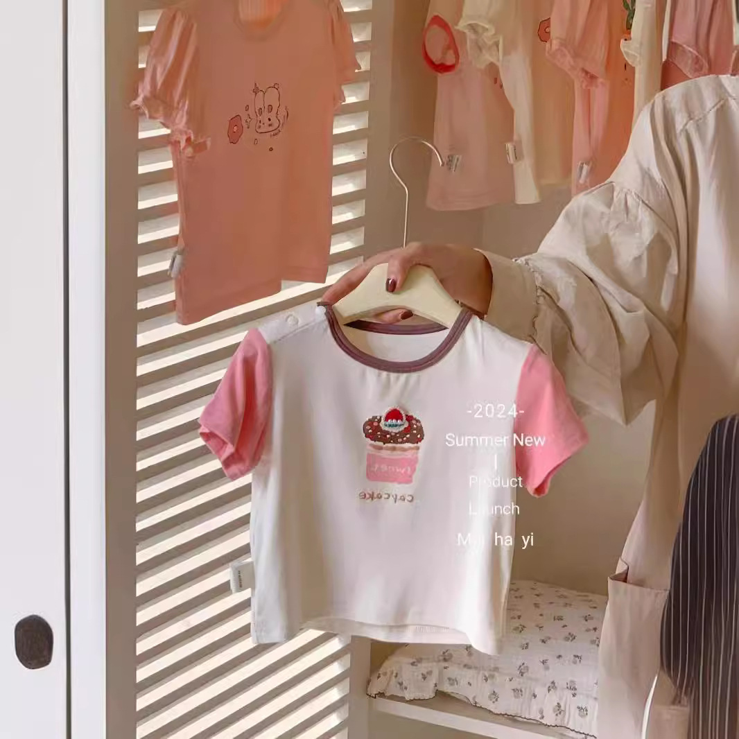 档口童装四季青精品市场麦哈依夏季婴幼儿短袖圆领女宝蛋糕拼色衣