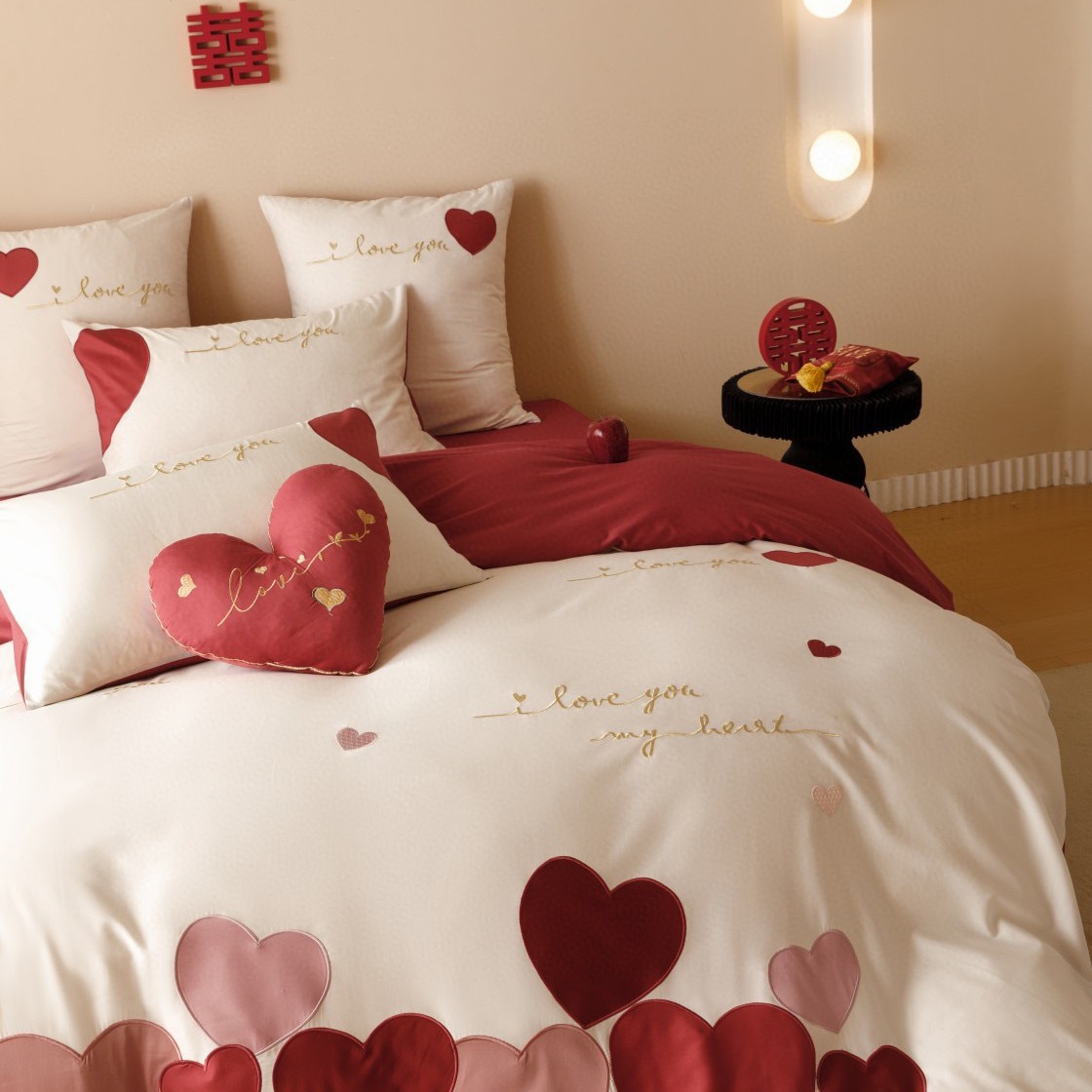 100支双股澳棉红色结婚四件套婚庆床上用品爱心被套床单陪嫁喜被