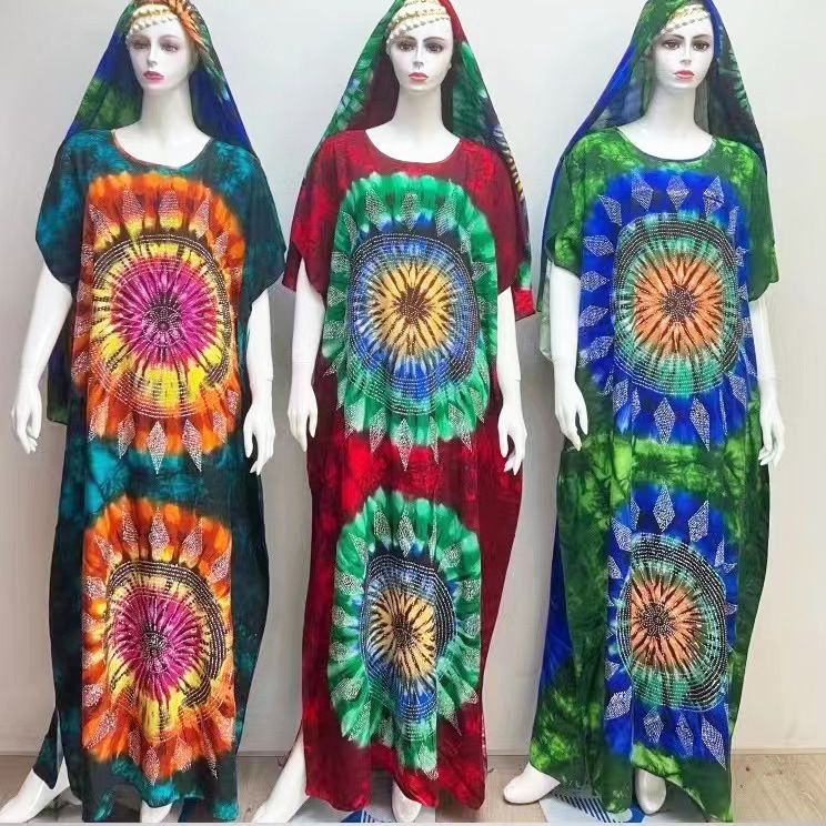 African Bohemian Style Tie-Dye plus Size Short Sleeve Cotton Rhinestone Dress with Oversized Tassel Headscarf