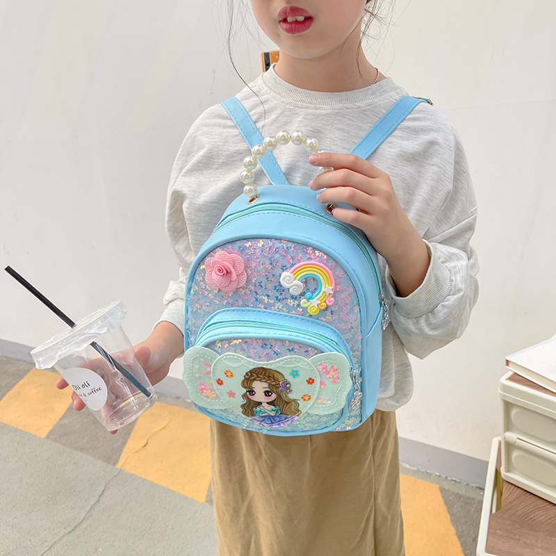 Sequined Pearl Children's Pu Bag Sweet Girl School Bag Soft Cute Foreign Style Princess Bag Good-looking Backpack