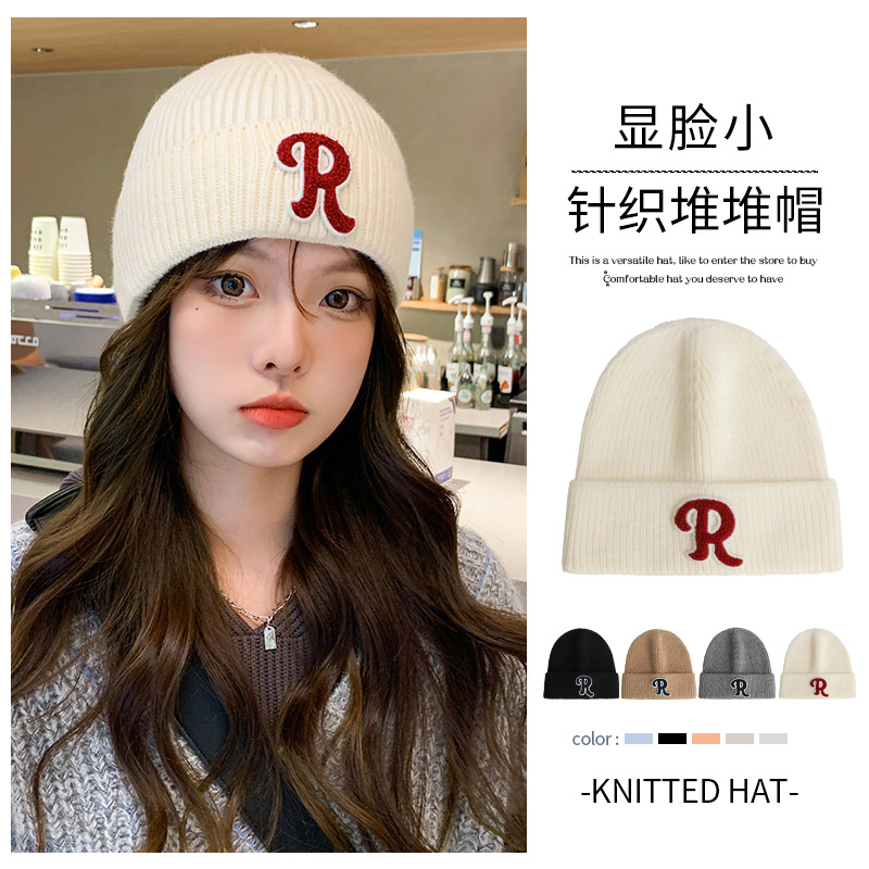 R Letter Knitted Hat Children Autumn and Winter Korean Style All-Matching Slipover Woolen Cap Japanese Style Thermal Earflaps Head-Wrapping Beanie Hat Men