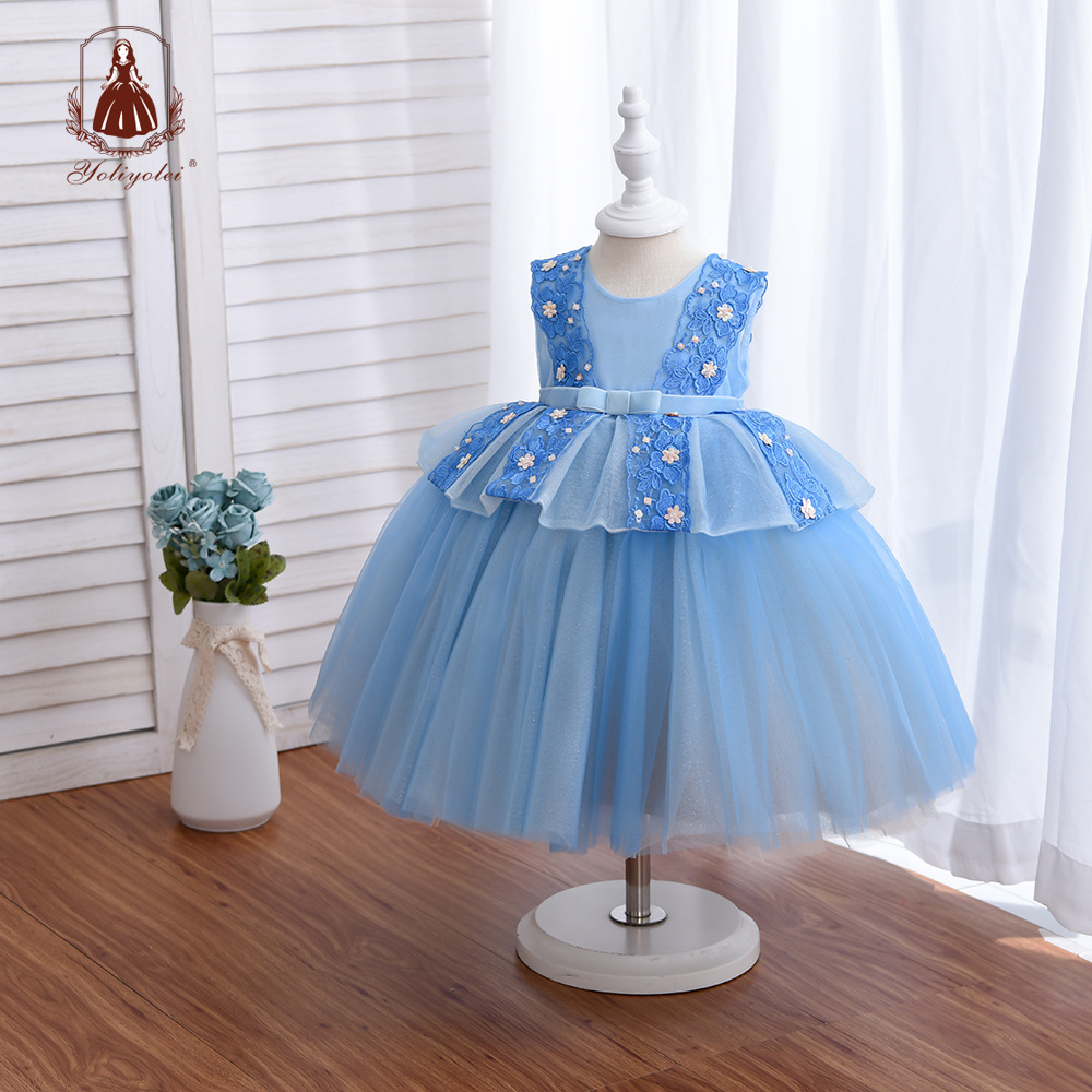 2021新款欧美礼服女孩连衣裙夏季韩版公主裙浅蓝色花童钢琴童礼服