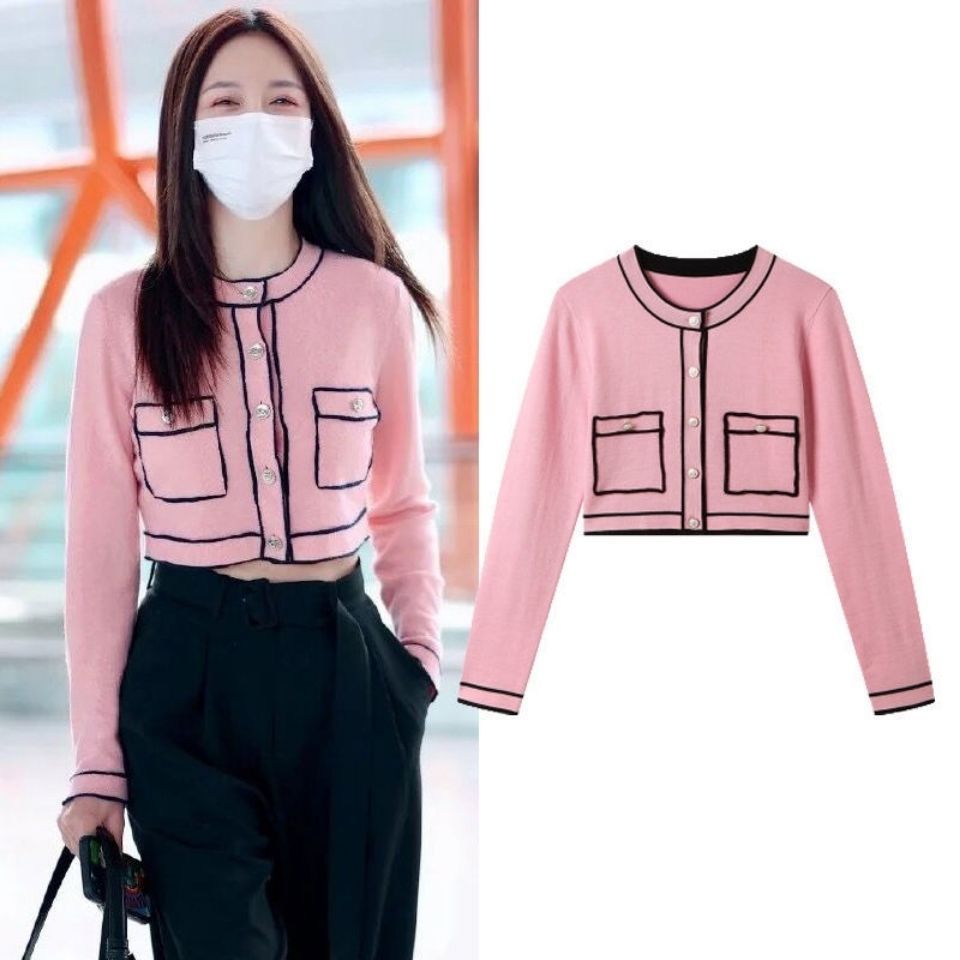 jennie金智妮沈梦辰同款复古风撞色口袋圆领针织衫长袖开衫上衣