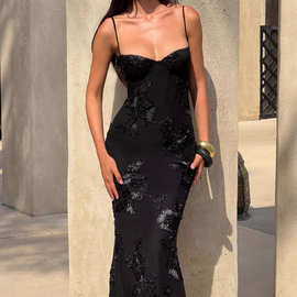 欧美花朵饰晚礼服裙女高端宴会穿气质显瘦连衣裙修身法式轻奢长裙