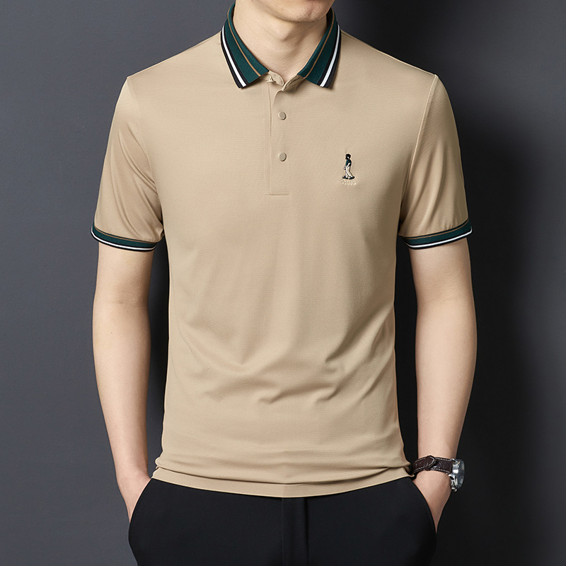 2023 summer new lapel short sleeve high-end polo shirt men‘s stretch cotton ammonia knitted seamless solid color business leisure