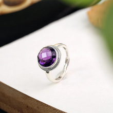 s925泰银紫水晶戒指女士批发复古做旧小众高级感合成水晶戒子厂货