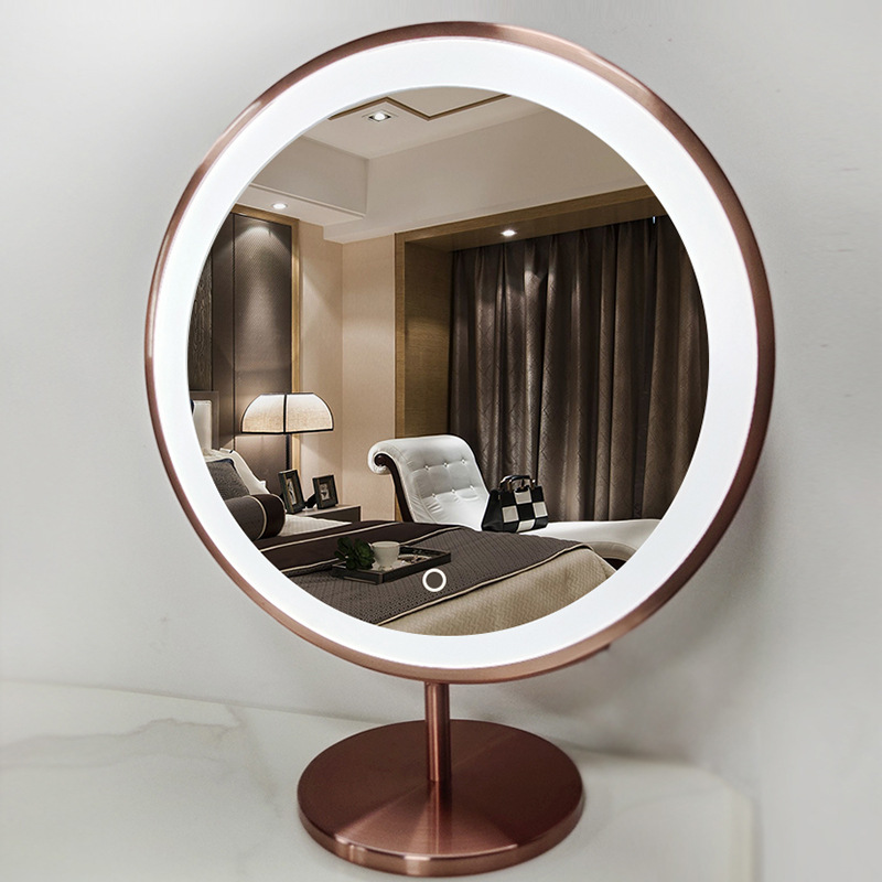 电镀钛金梳妆台化妆镜子led带灯桌面台式触控补光网红ins大号圆镜