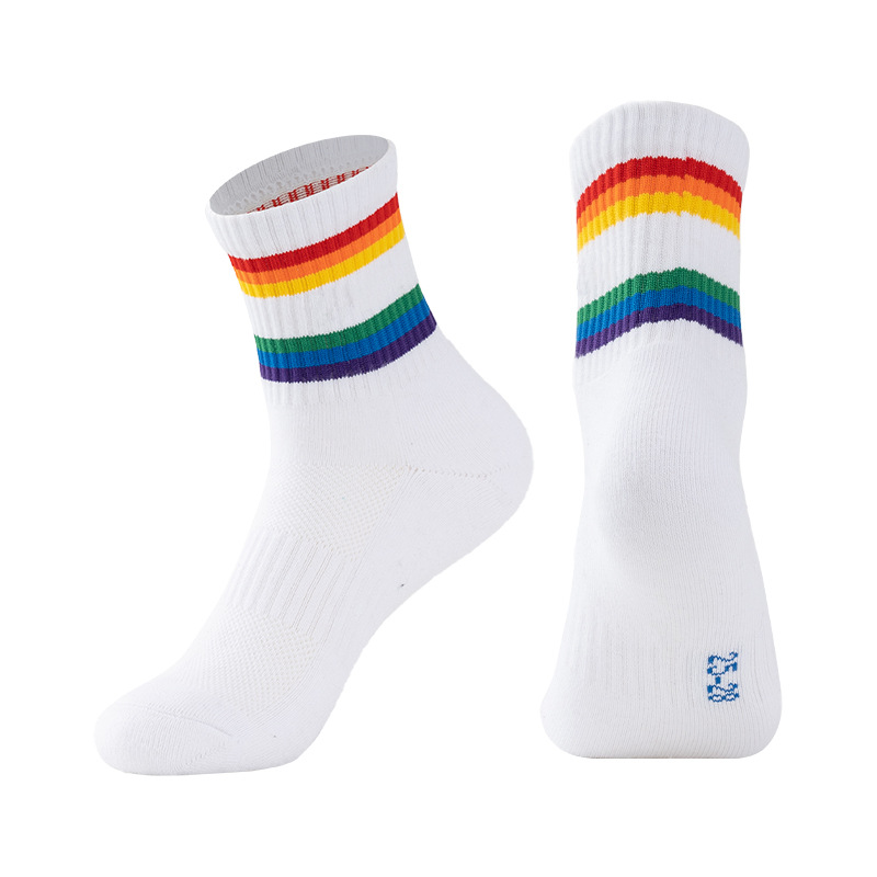 Badminton Exercise Socks Thickened Rainbow Color Four Seasons Breathable Outdoor Running Leisure Couple Mid-Calf Stocks