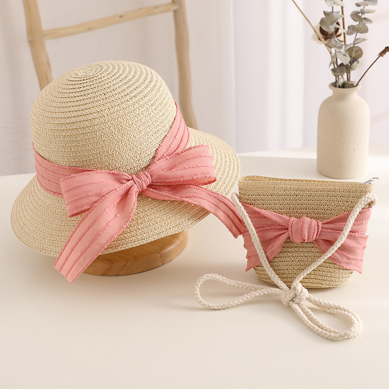 Children's Sun Hat Girls' Spring and Summer Bag Straw Hat Kit Baby Sun-Proof Beach Hat Kids Big Brim Sun Hat