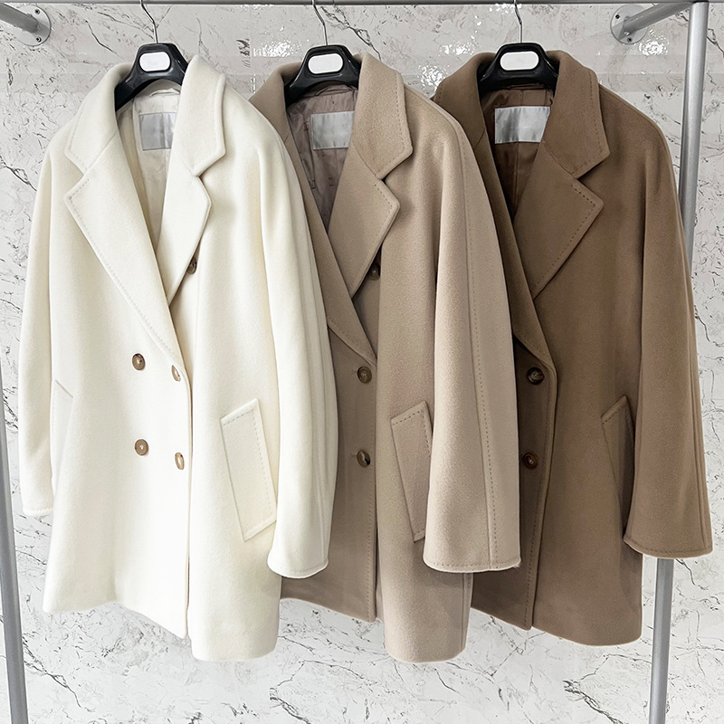 m家新款101801短款大衣女山羊绒guinea正确版双排扣绵羊毛呢外套-阿里