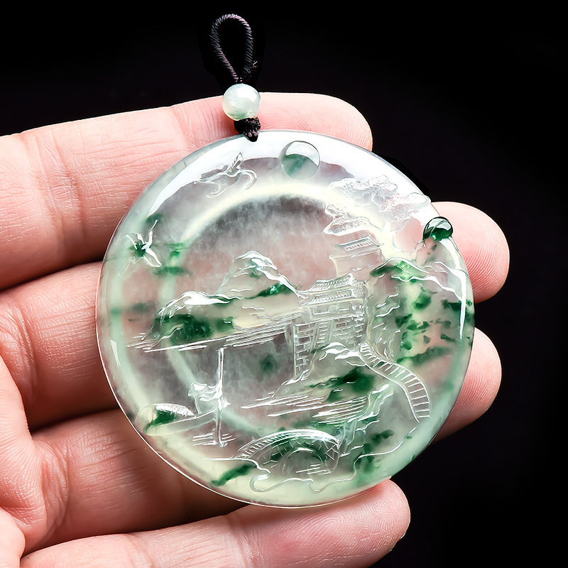玉萌色翡翠吊坠男女玉牌风景牌冰种飘绿圆牌山水牌挂件a货q2255