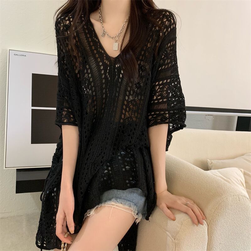 2024 New Summer Women's Clothes Pure Desire Hollow out Tied Knitted Top Loose Niche Mid-Length Cutout Blouse