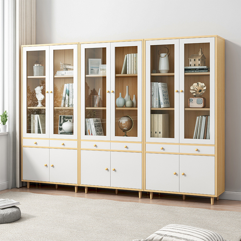 简约书柜组合带钢化玻璃柜门174高稳固耐用防潮收纳柜靠墙展示柜