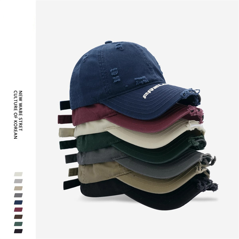 凌奇新款做旧破洞字母刺绣帽子女夏季刺绣棒球帽软顶鸭舌帽男潮