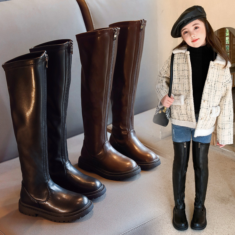 女童靴子过膝长靴秋2021冬季新款时尚长筒皮靴加绒鞋子儿童高筒靴