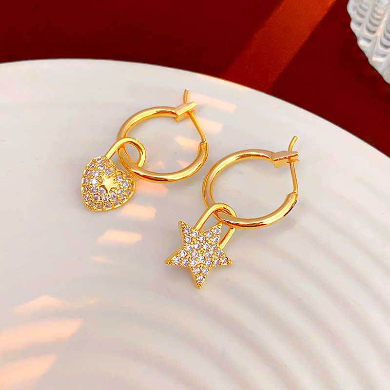 Real Gold Electroplated Zircon Asymmetric Love Star Ear Clip Personalized Fashion Earrings Minority All-Match Earrings Wholesale