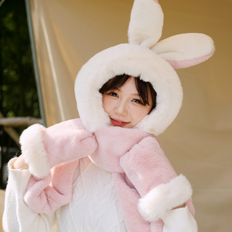 Cute Rabbit Ears Hat Scarf Integrated Thickened Fleece Warm Cold Protection in Winter Gloves Hat Three-in-One