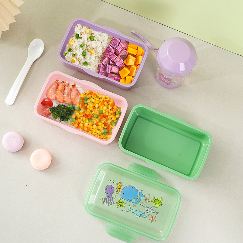 In Stock Hot Lunch Box Kettle Suit Cartoon Plastic Lunch Box Portable Children's Bento Box Water Cup for Students