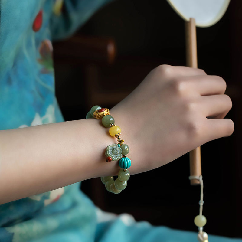 [平安喜乐]天然和田玉青玉手链女多宝碧玉玉石串珠珠子南红手串